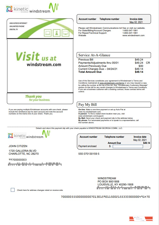 USA Windstream Holdings, Inc. utility bill template in Word and PDF format